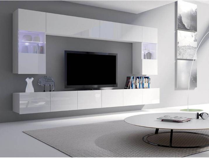 MIRJAN24 Wohnwand Calabrini I, (6er-Set, 2x TV-Lowboard, 2x Wandregal, 2x Hängevitrine), LED-Beleuchtung als Option, weiß, Weiß / Weiß Hochglanz von Mirjan24