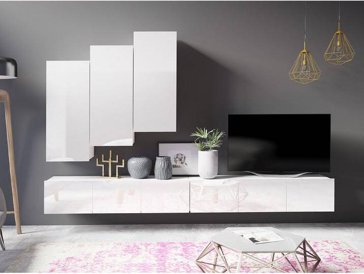 MIRJAN24 Wohnwand Calabrini XX, (5er-Set, 2x TV-Lowboard, 3x Hängeschrank), ohne Griffe, weiß, Weiß / Weiß Hochglanz von Mirjan24
