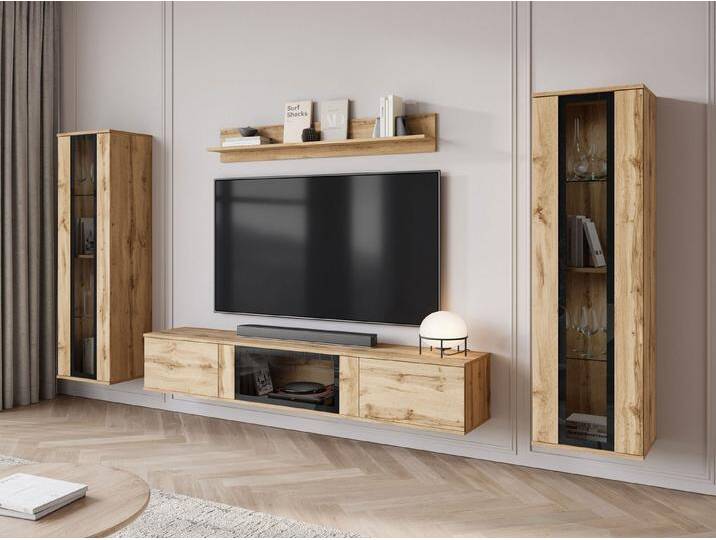 MIRJAN24 Wohnwand Caro, (4er-Set, Hängevitrine x2, TV-Lowboard, Wandregal), LED-Beleuchtung als Option, braun von Mirjan24