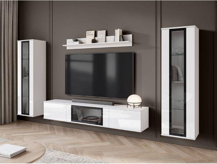 MIRJAN24 Wohnwand Caro, (4er-Set, Hängevitrine x2, TV-Lowboard, Wandregal), LED-Beleuchtung als Option, weiß von Mirjan24