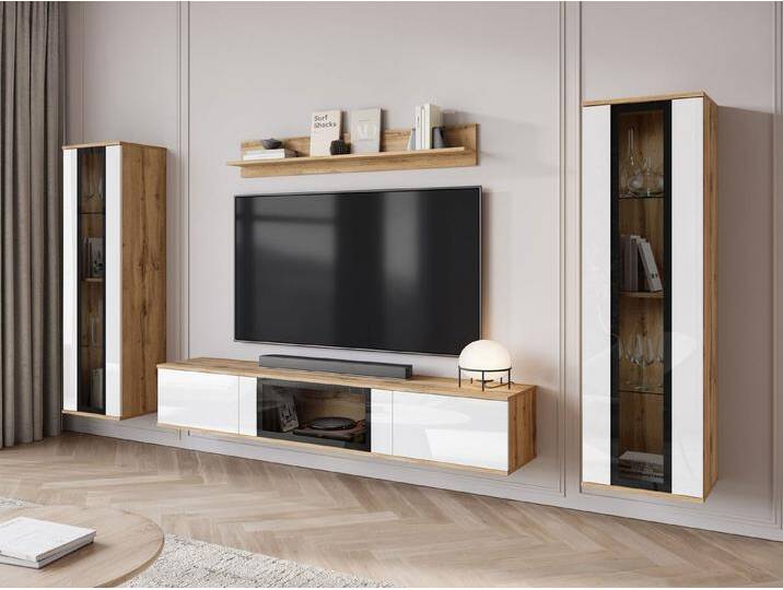 MIRJAN24 Wohnwand Caro, (4er-Set, Hängevitrine x2, TV-Lowboard, Wandregal), LED-Beleuchtung als Option, weiß von Mirjan24