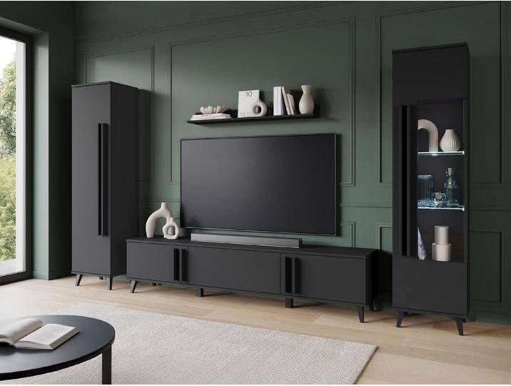 MIRJAN24 Wohnwand Helsinki II, (4er-Set, Vitrine, Regal, TV-Lowboard, Wandregal), Gehärtetes, durchsichtiges Glas 4 mm, grau schwarz von Mirjan24