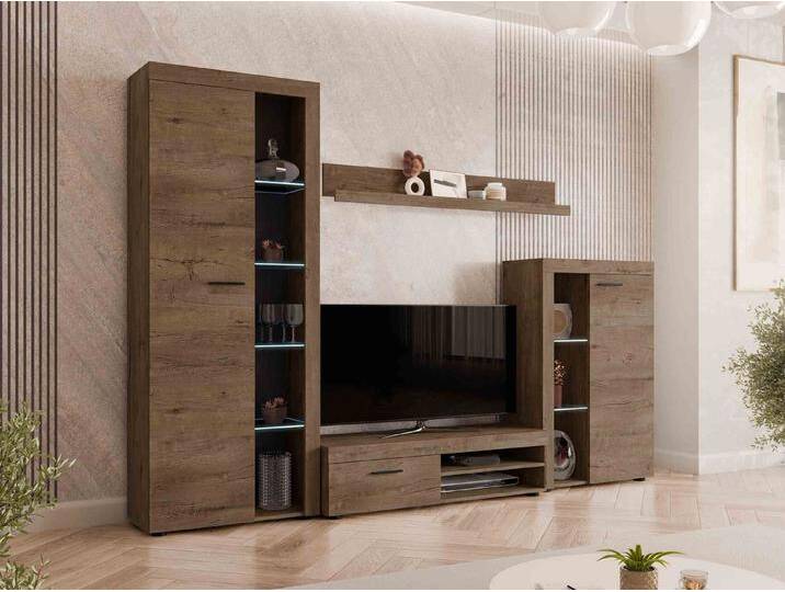MIRJAN24 Wohnwand Rumba, (4er-Set, Hochvitrine, Wandregal, TV-Lowboard, Vitrine), mit Glasregale, LED-Beleuchtung als Option, braun, Lefkas Eiche von Mirjan24