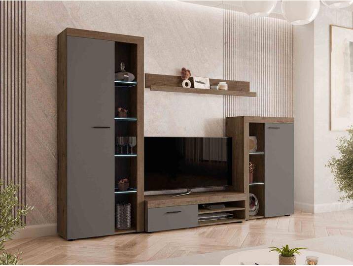 MIRJAN24 Wohnwand Rumba, (4er-Set, Hochvitrine, Wandregal, TV-Lowboard, Vitrine), mit Glasregale, LED-Beleuchtung als Option, grau von Mirjan24