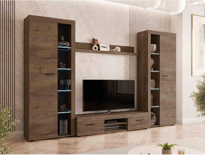 MIRJAN24 Wohnwand Rumba XL, (4er-Set, 2x Hochvitrine, Wandregal, TV-Lowboard), mit Glasregale, LED-Beleuchtung als Option, braun, Lefkas Eiche von Mirjan24