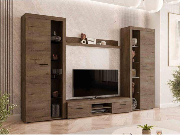 MIRJAN24 Wohnwand Rumba XL, (4er-Set, 2x Hochvitrine, Wandregal, TV-Lowboard), mit Glasregale, LED-Beleuchtung als Option, braun, Lefkas Eiche von Mirjan24