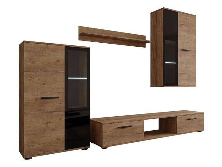 MIRJAN24 Wohnwand Salsa, (4er-Set, Hängevitrine, Wandregal, TV-Lowboard, Vitrine), mit Glasregale, LED-Beleuchtung als Option, braun, Lefkas Eiche von Mirjan24