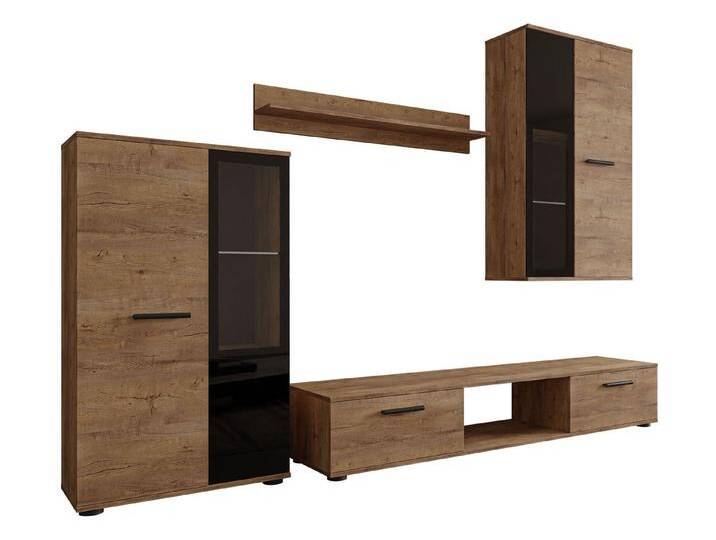 MIRJAN24 Wohnwand Salsa, (4er-Set, Hängevitrine, Wandregal, TV-Lowboard, Vitrine), mit Glasregale, LED-Beleuchtung als Option, braun, Lefkas Eiche von Mirjan24