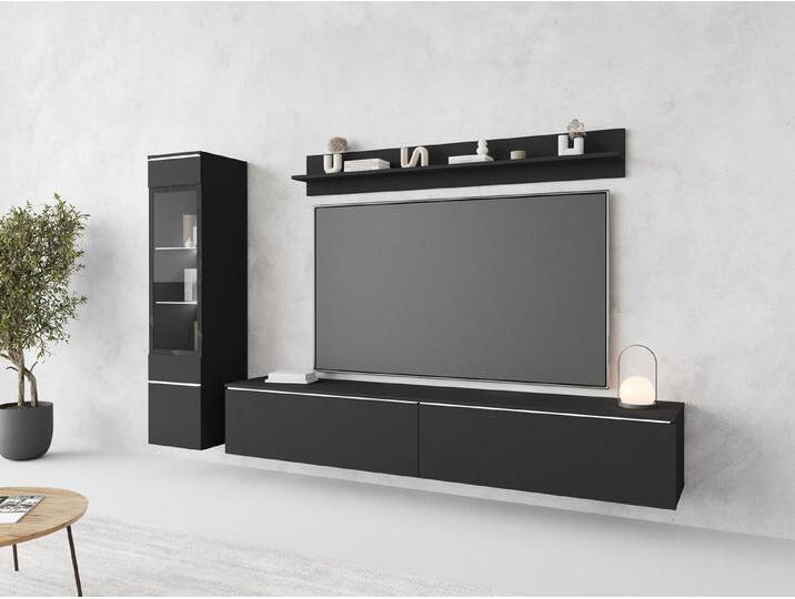 MIRJAN24 Wohnwand Vera I, (3er-Set, Wandregal, TV-Lowboard, Hängevitrine), griffloses Öffnen, schwarz, Schwarzer Graphit von Mirjan24
