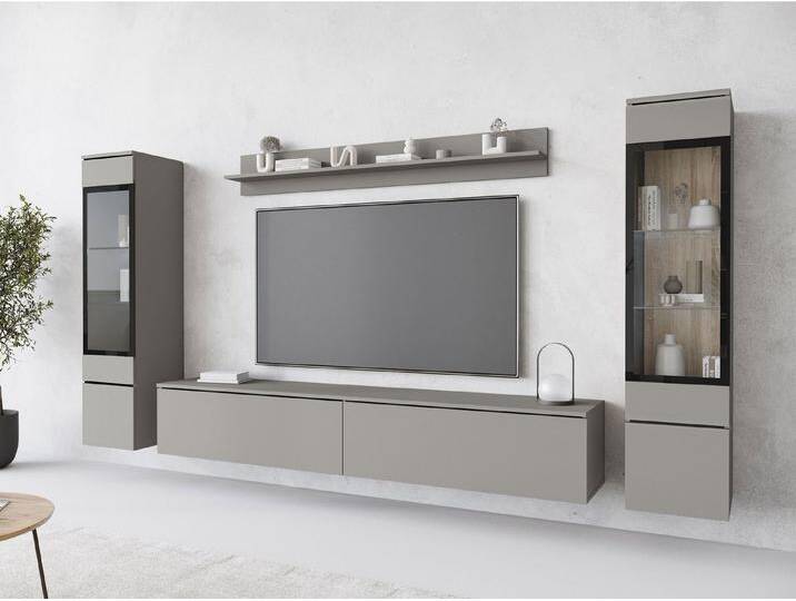 MIRJAN24 Wohnwand Vera II, (4er-Set, Wandregal, TV-Lowboard, 2x Hängevitrine), Glaseinlegeböden, Gehärtetes Glas, LED als Option, beige, Cashmerebeige von Mirjan24