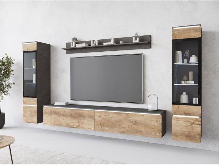 MIRJAN24 Wohnwand Vera II, (4er-Set, Wandregal, TV-Lowboard, 2x Hängevitrine), Glaseinlegeböden, Gehärtetes Glas, LED als Option, braun von Mirjan24