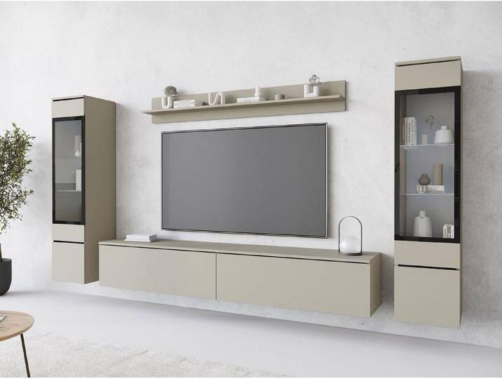 MIRJAN24 Wohnwand Vera II, (4er-Set, Wandregal, TV-Lowboard, 2x Hängevitrine), Glaseinlegeböden, Gehärtetes Glas, LED als Option, grau, Palladgrau von Mirjan24