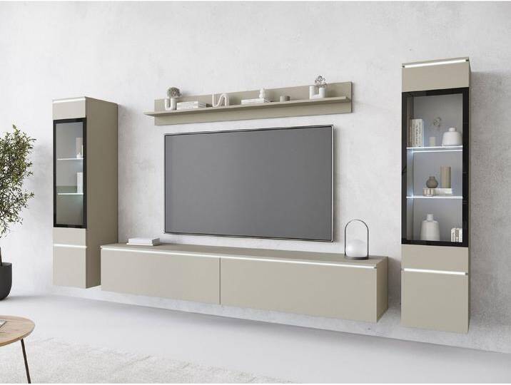 MIRJAN24 Wohnwand Vera II, (4er-Set, Wandregal, TV-Lowboard, 2x Hängevitrine), Glaseinlegeböden, Gehärtetes Glas, LED als Option, grau, Palladgrau von Mirjan24