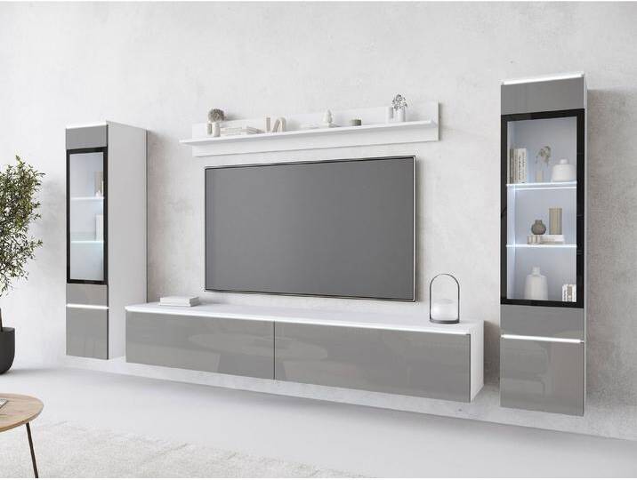 MIRJAN24 Wohnwand Vera II, (4er-Set, Wandregal, TV-Lowboard, 2x Hängevitrine), Glaseinlegeböden, Gehärtetes Glas, LED als Option, grau von Mirjan24