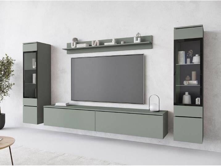 MIRJAN24 Wohnwand Vera II, (4er-Set, Wandregal, TV-Lowboard, 2x Hängevitrine), Glaseinlegeböden, Gehärtetes Glas, LED als Option, grün, Nebelgrün von Mirjan24