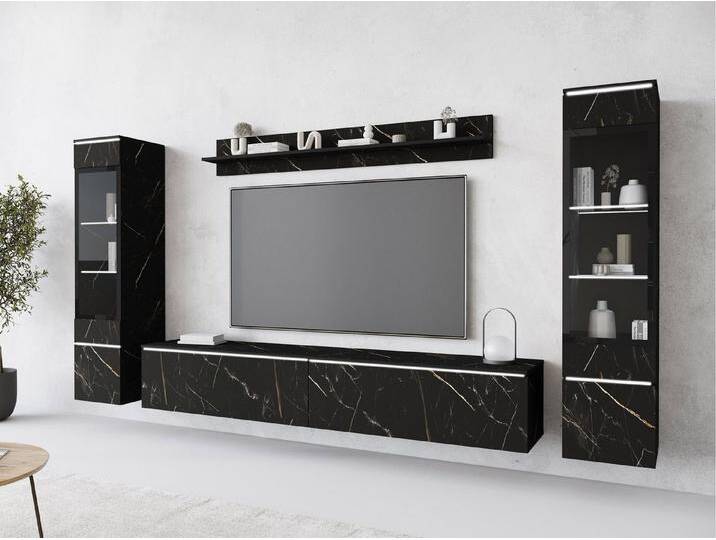 MIRJAN24 Wohnwand Vera II, (4er-Set, Wandregal, TV-Lowboard, 2x Hängevitrine), Glaseinlegeböden, Gehärtetes Glas, LED als Option, schwarz von Mirjan24