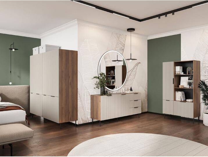 MIRJAN24 Wohnzimmer-Set Almera I, (4er-Set, 2x Kleiderschrank, Kommode, Vitrine), Griff und Füße aus Stahl in der Farbe Schwarz, beige von Mirjan24