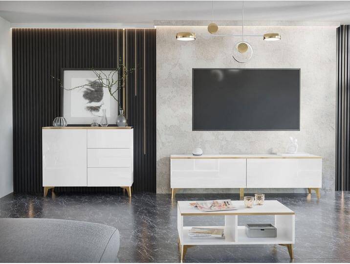 MIRJAN24 Wohnzimmer-Set Alrik II, (Kommode, TV-Lowboard, Couchtisch), Griffloses Öffnungssystem push to open, weiß, Weiß / Weiß Hochglanz + Gold von Mirjan24