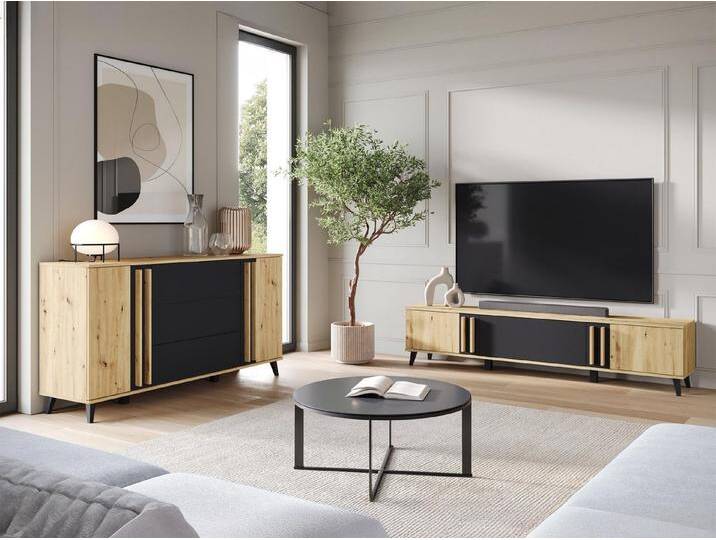 MIRJAN24 Wohnzimmer-Set Helsinki III, (2er-Set, TV-Lowboard, Kommode), Füße - 10 cm, braun schwarz von Mirjan24