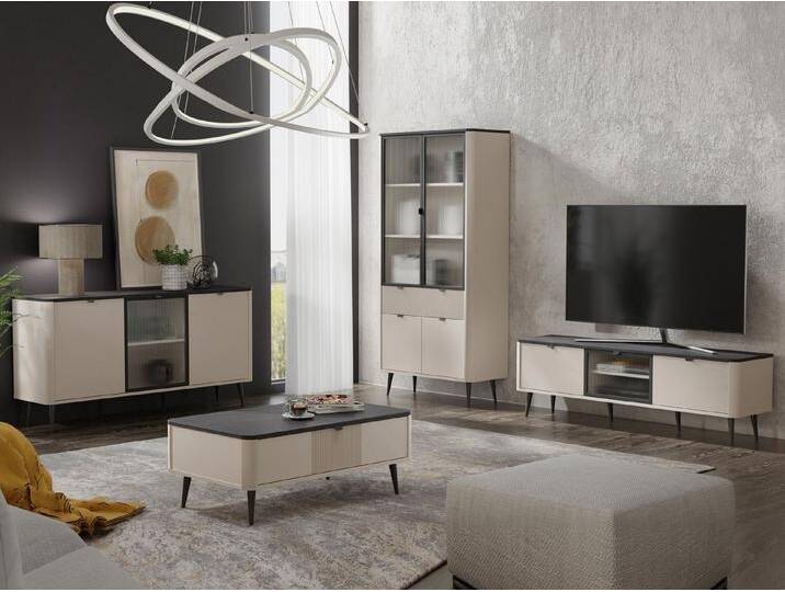 MIRJAN24 Wohnzimmer-Set Marly I, (4er-Set, Vitrine, TV-Lowboard, Kommode, Couchtisch), gedämpftem Schließsystem, beige grau von Mirjan24