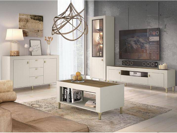 MIRJAN24 Wohnzimmer-Set Mossa I, (4er-Set, Vitrine, Kommode, TV-Lowboard, Couchtisch), LED-Beleuchtung als Option, 120x200 cm, beige von Mirjan24