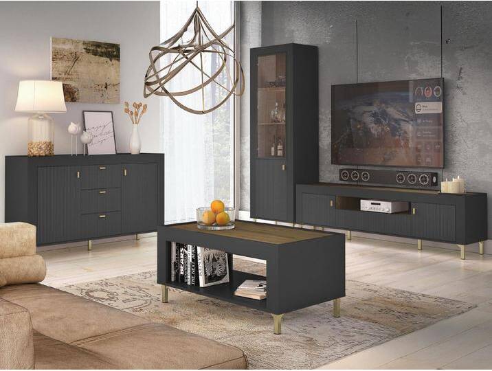 MIRJAN24 Wohnzimmer-Set Mossa I, (4er-Set, Vitrine, Kommode, TV-Lowboard, Couchtisch), LED-Beleuchtung als Option, 120x200 cm, schwarz von Mirjan24