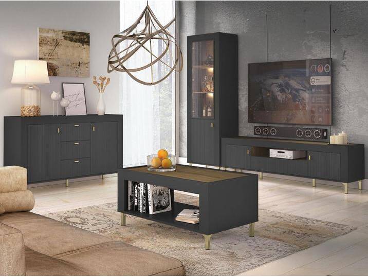 MIRJAN24 Wohnzimmer-Set Mossa I, (4er-Set, Vitrine, Kommode, TV-Lowboard, Couchtisch), LED-Beleuchtung als Option, 120x200 cm, schwarz von Mirjan24