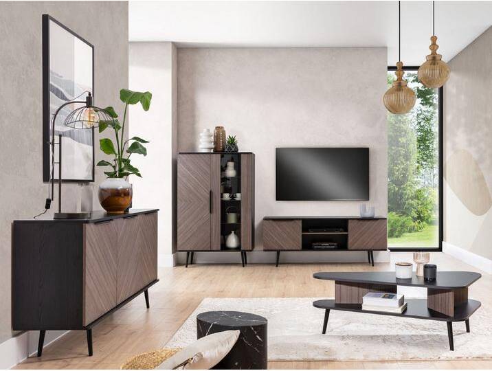 MIRJAN24 Wohnzimmer-Set Pinelli II, (Kommode, Couchtisch, TV-Lowboard, Vitrine), Griffe und Füße aus Metall in der Farbe Schwarz, schwarz von Mirjan24