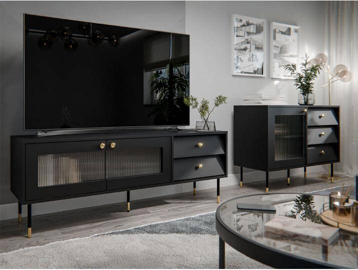 MIRJAN24 Wohnzimmer-Set Valerio I, (2er-Set, Kommode, TV-Lowboard), gehärtetem Glas, schwarz, Schwarz von Mirjan24