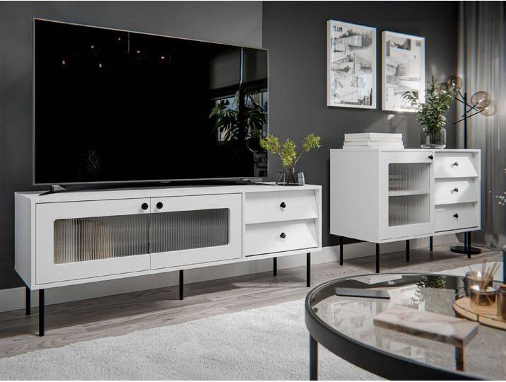 MIRJAN24 Wohnzimmer-Set Valerio I, (2er-Set, Kommode, TV-Lowboard), gehärtetem Glas, weiß, Weiß von Mirjan24