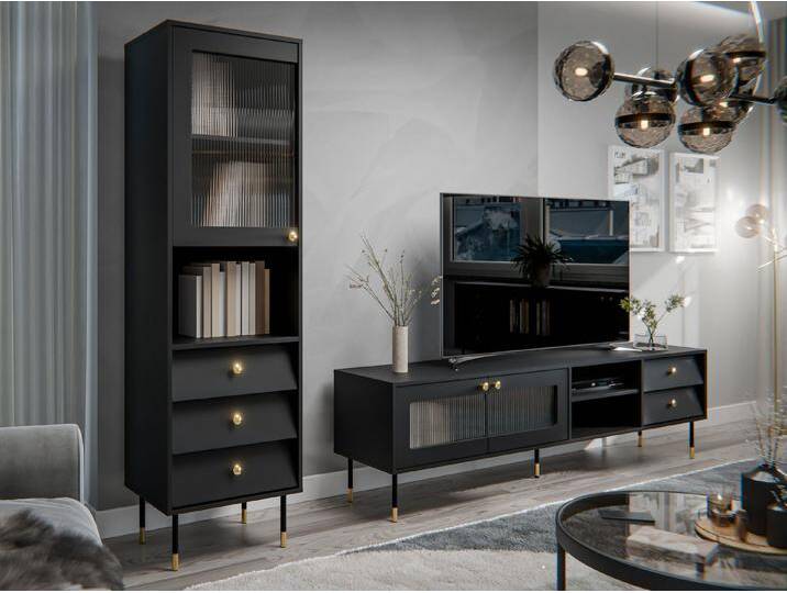 MIRJAN24 Wohnzimmer-Set Valerio II, (2er-Set, TV-Lowboard, Vitrine), gehärtetem Glas, schwarz, Schwarz von Mirjan24