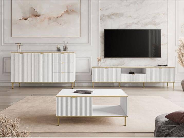 MIRJAN24 Wohnzimmer-Set Werkoz I, (3er-Set, Kommode, Couchtisch, TV-Lowboard), Griffe und Füße aus Metall in der Farbe Gold, weiß von Mirjan24
