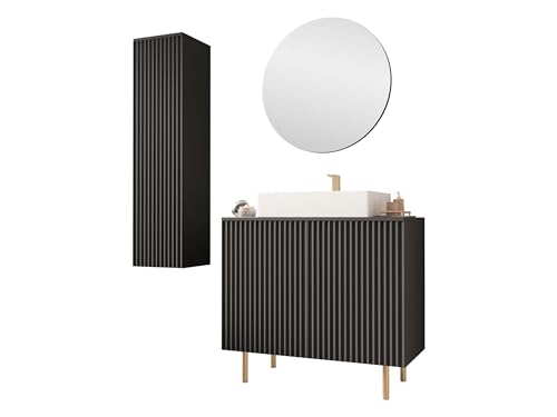 Mirjan24 Badezimmer-Set Nohes II mit Waschbecken und Siphon, Waschtischunterschrank, Hochschrank mit gefrästen Fronten und grifflosem Öffnungssystem, Hängeschrank (Schwarz) von Mirjan24