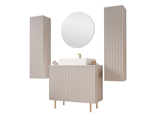 Mirjan24 Badezimmer-Set Nohes IV mit Waschbecken und Siphon, Waschtischunterschrank, Hochschrank mit gefrästen Fronten und grifflosem Öffnungssystem, Hängeschrank (Cashmere) von Mirjan24