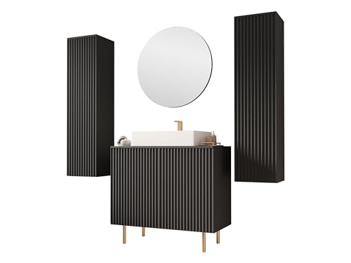 Mirjan24 Badezimmer-Set Nohes IV mit Waschbecken und Siphon, Waschtischunterschrank, Hochschrank mit gefrästen Fronten und grifflosem Öffnungssystem, Hängeschrank (Schwarz) von Mirjan24