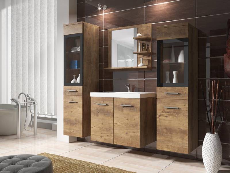 MIRJAN24 Badmöbel-Set Madrit I, (5er-Set, Schrank, 2x Hochschrank, Regal mit Spiegel, Waschbecken mit Siphon), Beleuchtung als Option von MIRJAN24