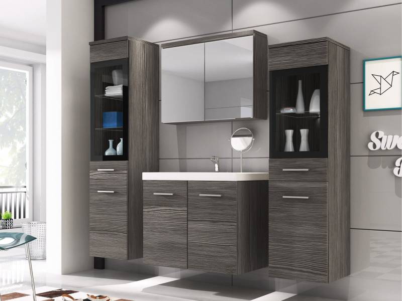 MIRJAN24 Badmöbel-Set Madrit II, (5er-Set, Waschbeckenschrank, 2x Hochschrank, Spiegelschrank, Waschbecken), mit Siphon, LED-Beleuchtung als Option von MIRJAN24