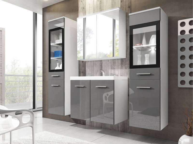 MIRJAN24 Badmöbel-Set Madrit II, (5er-Set, Waschbeckenschrank, 2x Hochschrank, Spiegelschrank, Waschbecken), mit Siphon, LED-Beleuchtung als Option von MIRJAN24
