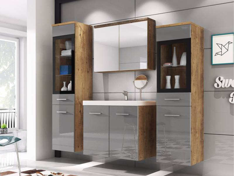 MIRJAN24 Badmöbel-Set Madrit II, (5er-Set, Waschbeckenschrank, 2x Hochschrank, Spiegelschrank, Waschbecken), mit Siphon, LED-Beleuchtung als Option von MIRJAN24