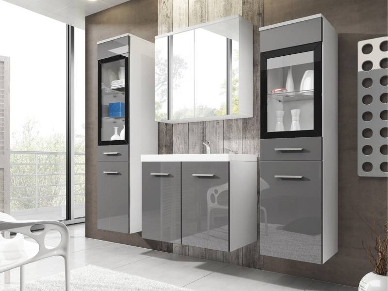 MIRJAN24 Badmöbel-Set Madrit II, (5er-Set, Waschbeckenschrank, 2x Hochschrank, Spiegelschrank, Waschbecken), mit Siphon, LED-Beleuchtung als Option von MIRJAN24