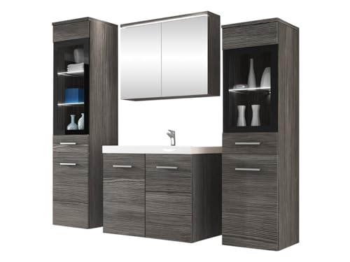 Mirjan24 Badmöbel Set Madrit II mit Waschbecken und Siphon, Komplettprogramme für Spiegelschrank, Waschtisch, Hochschrank (Bodega/Bodega, mit weißer LED Beleuchtung) von Mirjan24