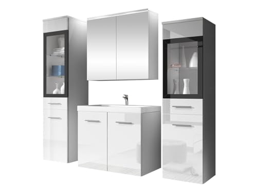 Mirjan24 Badmöbel Set Madrit II mit Waschbecken und Siphon, Komplettprogramme für Spiegelschrank, Waschtisch, Hochschrank (Weiß/Weiß Hochglanz, ohne Beleuchtung) von Mirjan24