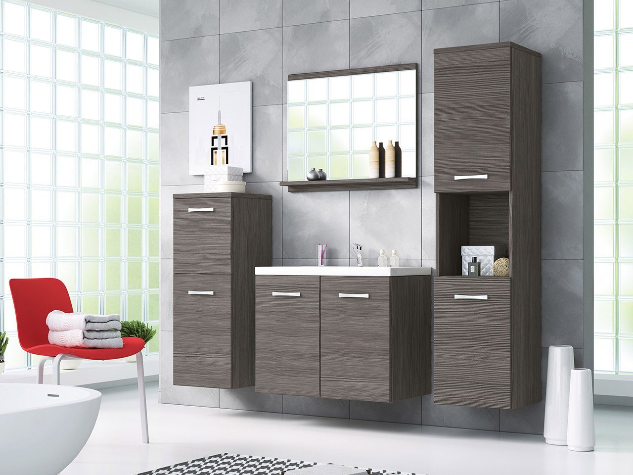 MIRJAN24 Badmöbel-Set Malo, (5er-Set, Waschbeckenschrank, Hochschrank, Hängeschrank, Spiegel, Waschbecken), Modernes Badezimmer, Komplett von MIRJAN24