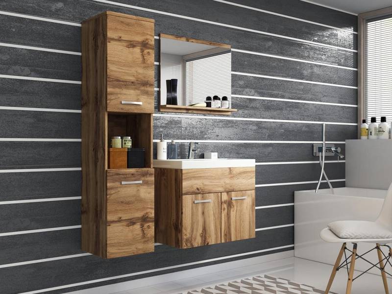 MIRJAN24 Badmöbel-Set Montreal, (4er-Set, Waschbeckenschrank, Hochschrank, Spiegel, Waschbecken), Möbel für Bad von MIRJAN24