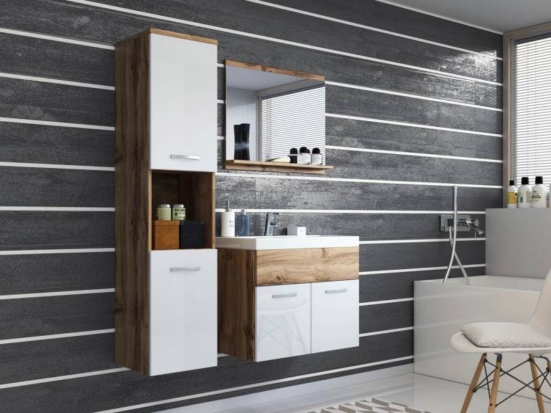 MIRJAN24 Badmöbel-Set Montreal, (4er-Set, Waschbeckenschrank, Hochschrank, Spiegel, Waschbecken), Metallgriffe von MIRJAN24