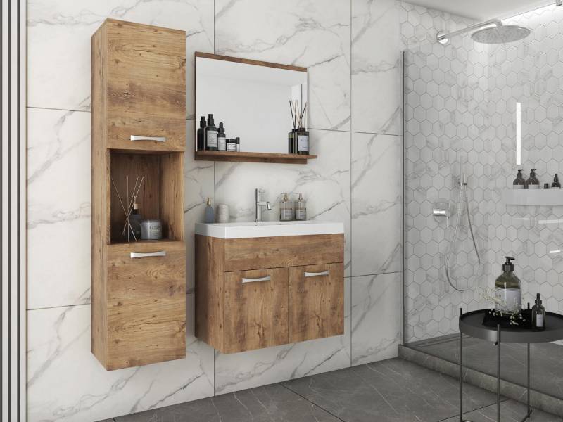 MIRJAN24 Badmöbel-Set Montreal, (4er-Set, Waschbeckenschrank, Hochschrank, Spiegel, Waschbecken), Metallgriffe von MIRJAN24