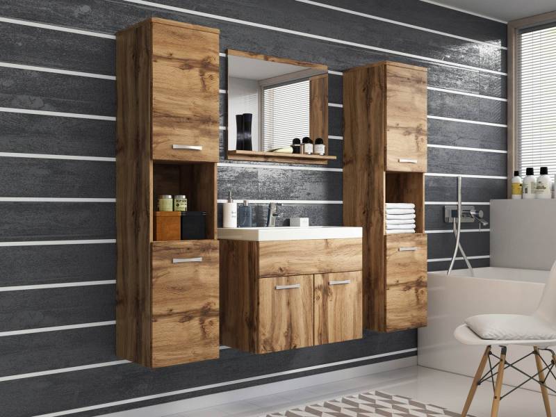 MIRJAN24 Badmöbel-Set Montreal XL, (5er-Set, Waschbeckenschrank, 2x Hochschrank, Spiegel, Waschbecken), Metallgriffe von MIRJAN24