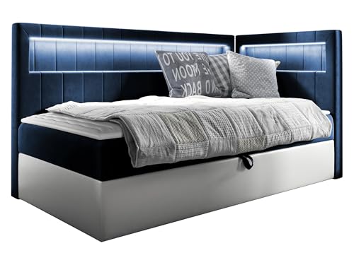 Mirjan24 Boxspringbett Junior Gladino III mit Bettkasten und LED-Beleuchtung Continentalbett Bonell-Matratze Topper Polsterbett Amerikanisches Bett (Soft 017 + Fresh 11, 90 x 200 cm, Seite: Rechts) von Mirjan24