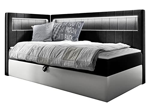 Mirjan24 Boxspringbett Junior Gladino III mit Bettkasten und LED-Beleuchtung Continentalbett Bonell-Matratze Topper Polsterbett Amerikanisches Bett (Soft 017 + Fresh 17, 90 x 200 cm, Seite: Links) von Mirjan24