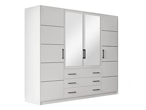 Mirjan24 Drehtürenschrank Bado 240, Kleiderschrank mit Spiegel, 10 Fächer, 3 Schubladen, 4 Tür, Spiegel, Elegantes Schlafzimmer Schrank, Jugendzimmer (Weiß) von Mirjan24